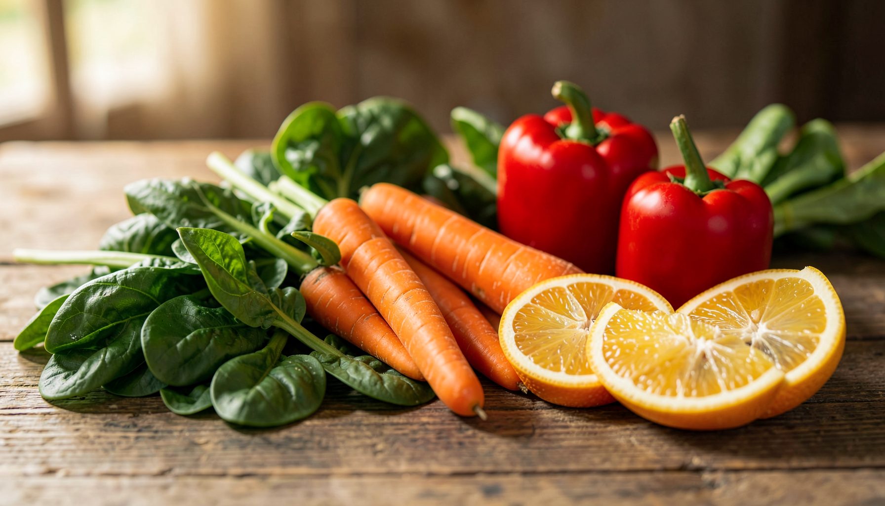 Fresh spinach leaves, carrots, red bell peppers, and orange slices arranged on a rustic wooden surface, warm earthy tones.