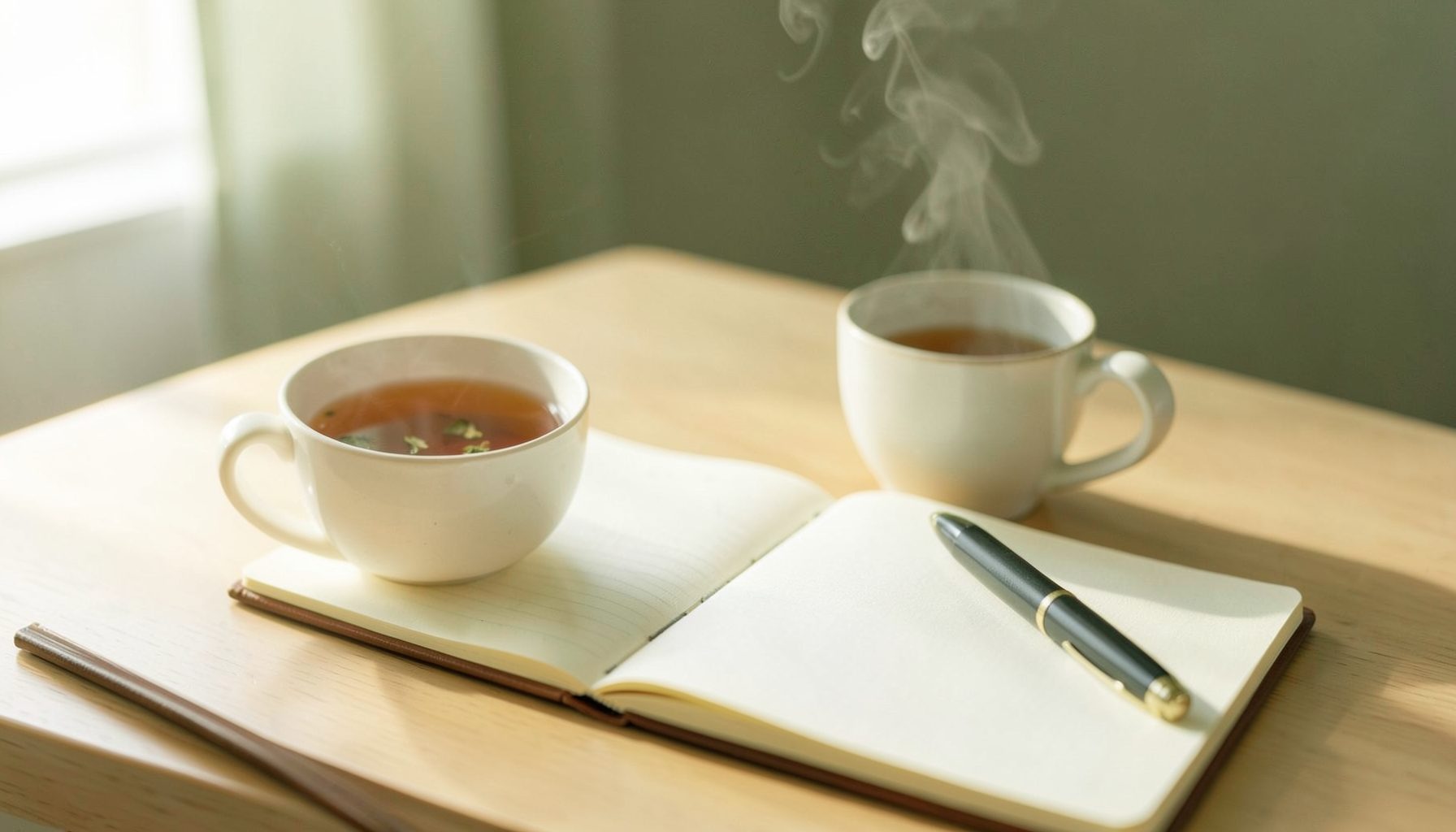 Two white cups of steaming tea beside an open blank notebook and a pen on a wooden table, calm and cozy mood.