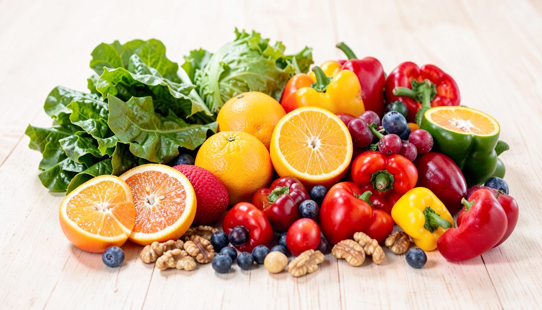 A colorful assortment of leafy greens, oranges, bell peppers, grapes, blueberries, and walnuts arranged on a light wooden table, bright and vivid mood